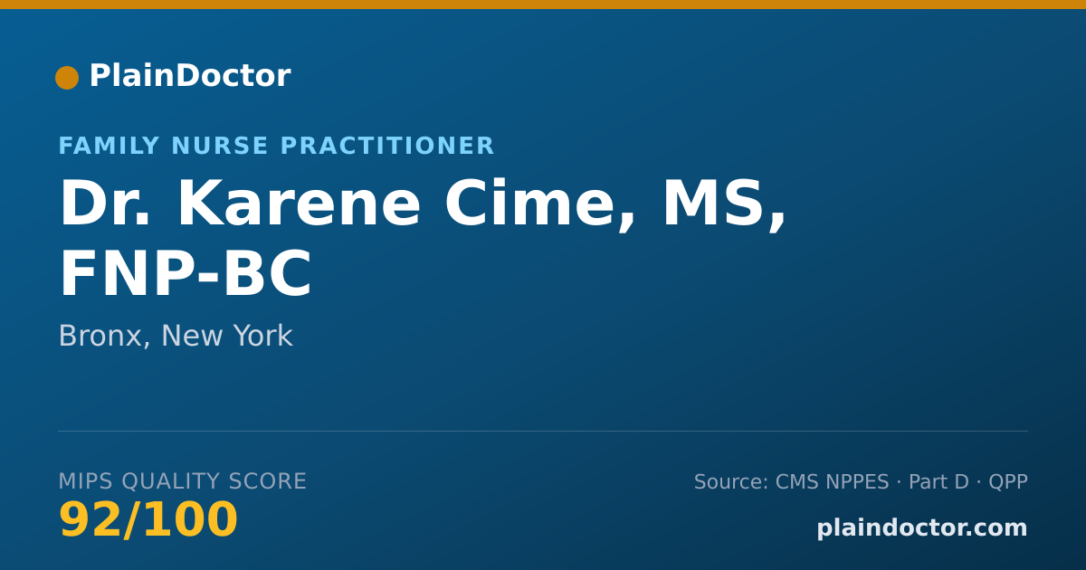 Shareable card for Karene Cime, MS, FNP-BC - Family Nurse Practitioner, Bronx, NY