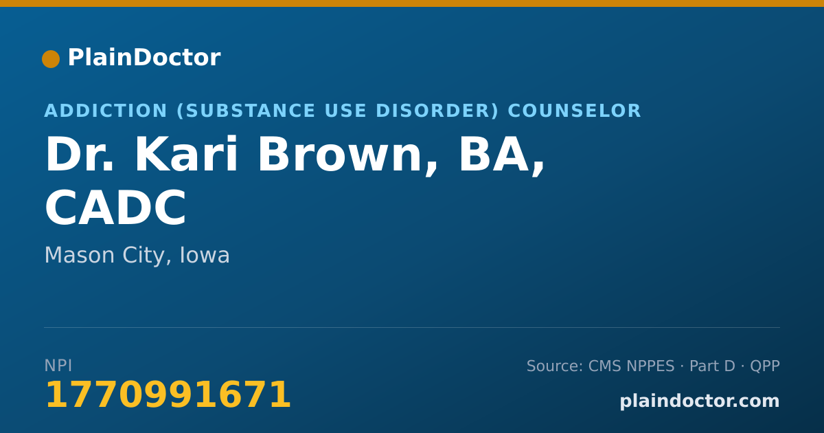 Shareable card for Kari Brown, BA, CADC - Addiction (Substance Use Disorder) Counselor, Mason City, IA