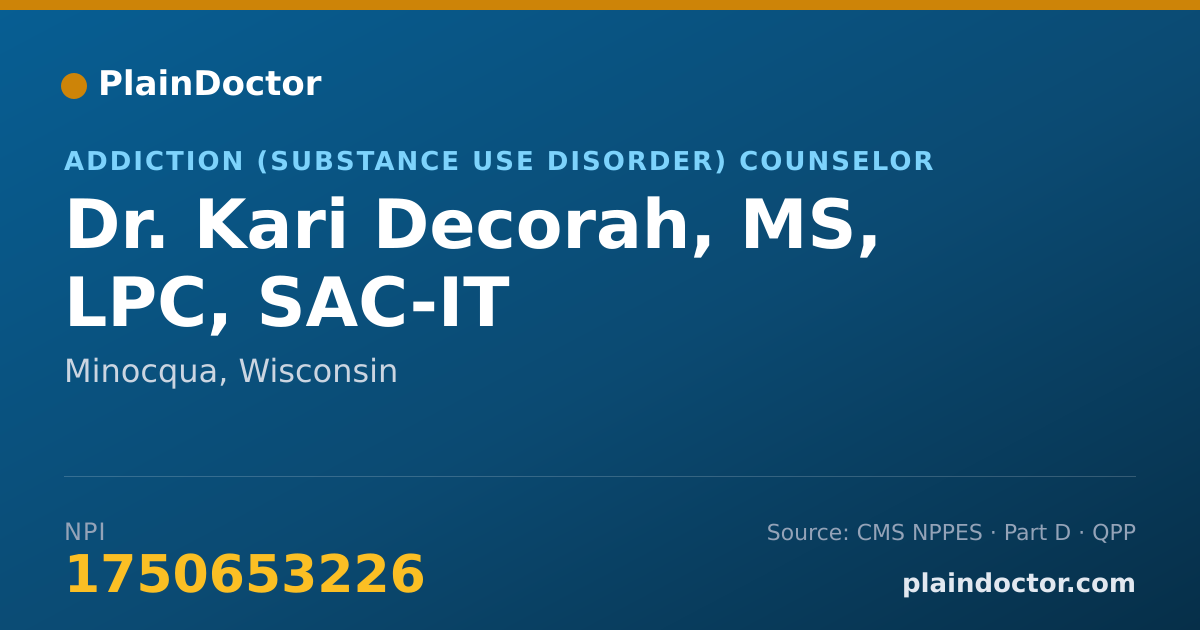 Shareable card for Kari Decorah, MS, LPC, SAC-IT - Addiction (Substance Use Disorder) Counselor, Minocqua, WI