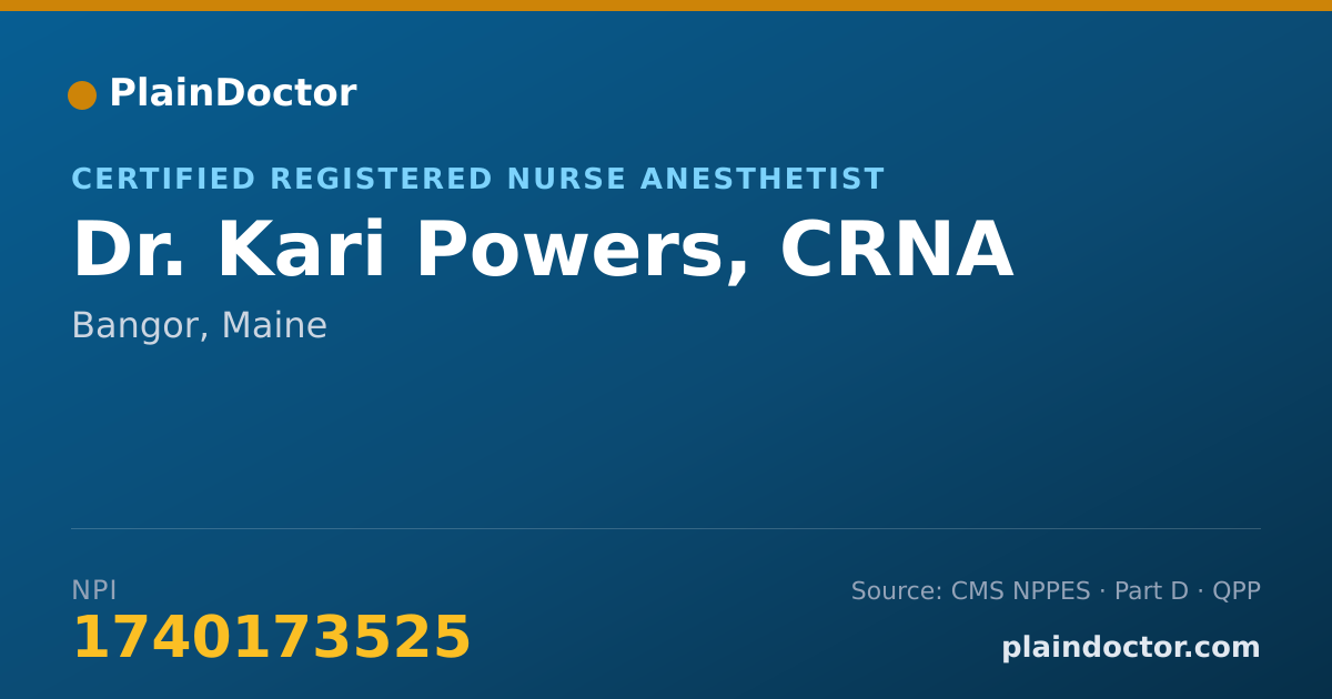 Shareable card for Kari Powers, CRNA - Certified Registered Nurse Anesthetist, Bangor, ME