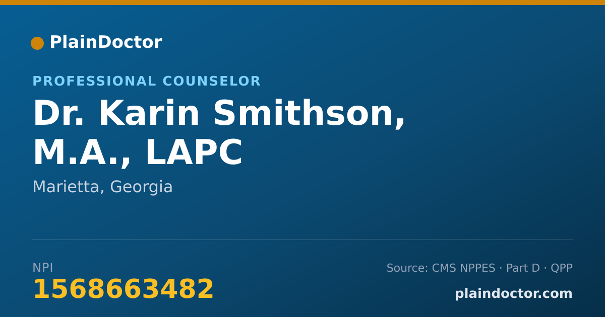 Shareable card for Karin Smithson, M.A., LAPC - Professional Counselor, Marietta, GA
