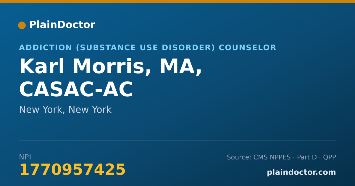 Shareable card for Karl Morris, MA, CASAC-AC - Addiction (Substance Use Disorder) Counselor, New York, NY
