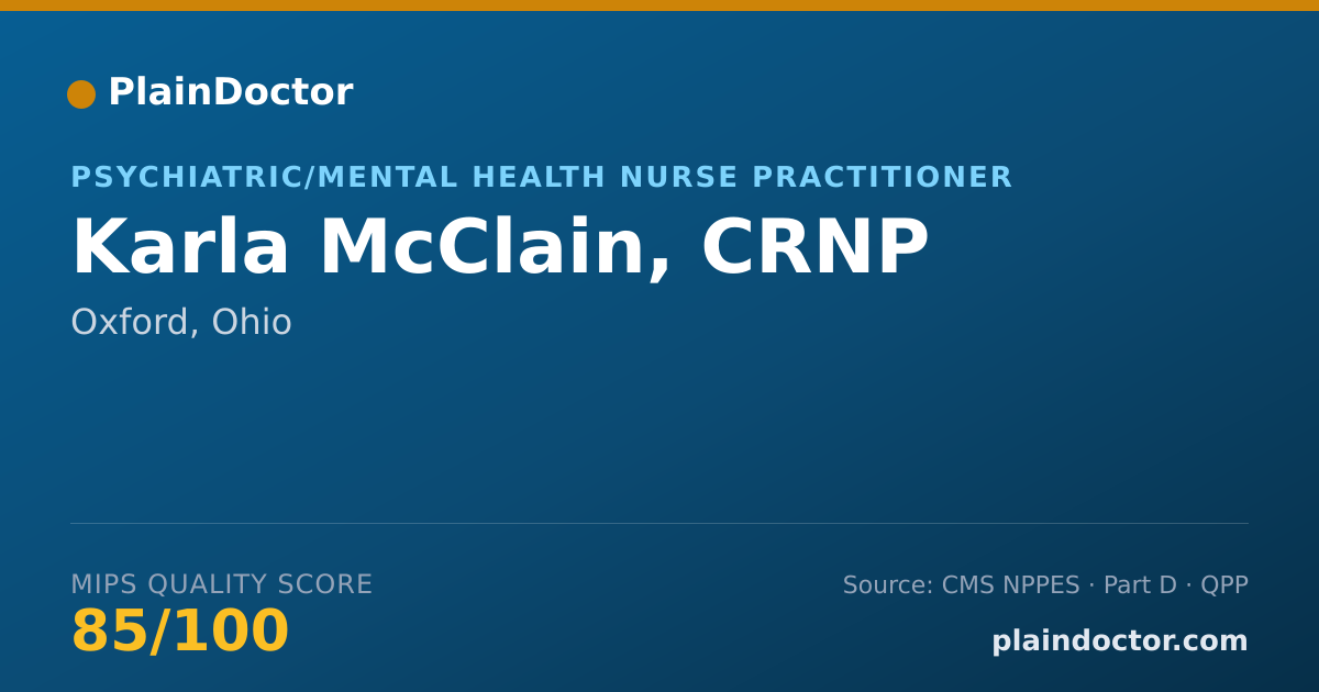 Shareable card for Karla McClain, CRNP - Psychiatric/Mental Health Nurse Practitioner, Oxford, OH