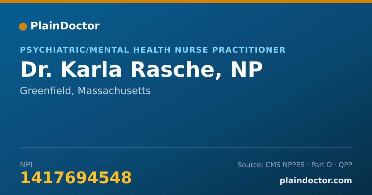 Shareable card for Karla Rasche, NP - Psychiatric/Mental Health Nurse Practitioner, Greenfield, MA