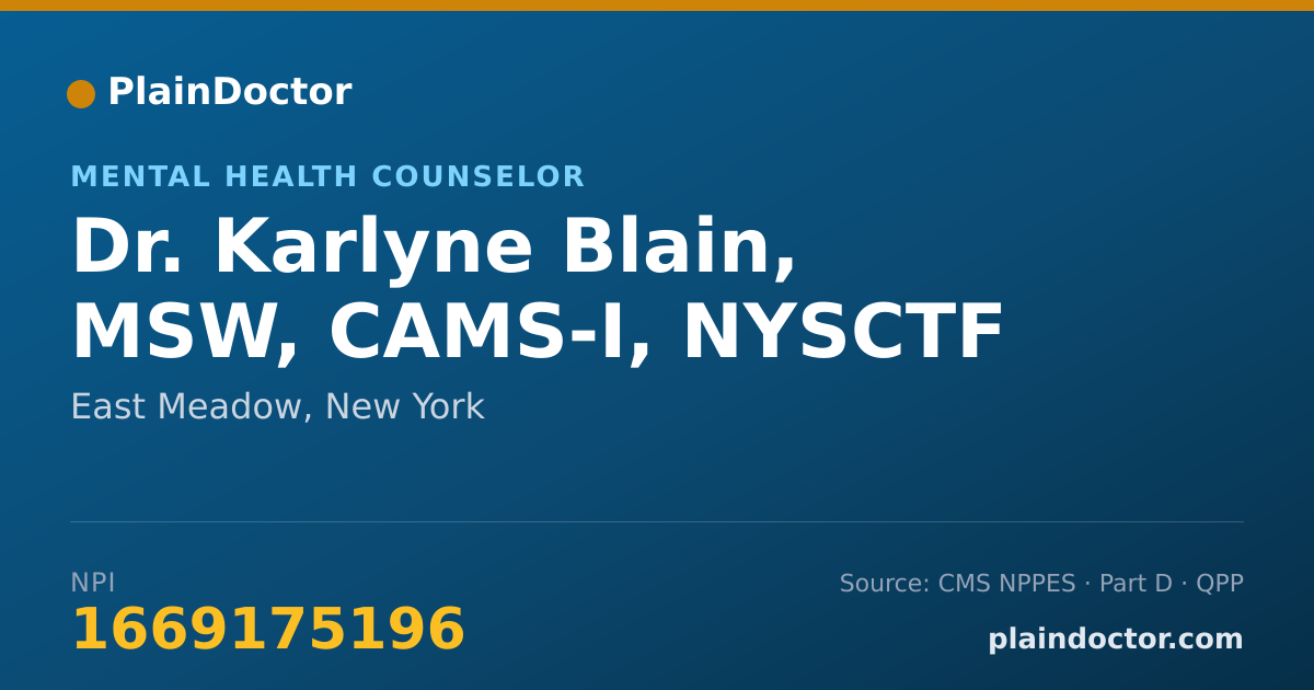 Shareable card for Karlyne Blain, MSW, CAMS-I, NYSCTF - Mental Health Counselor, East Meadow, NY