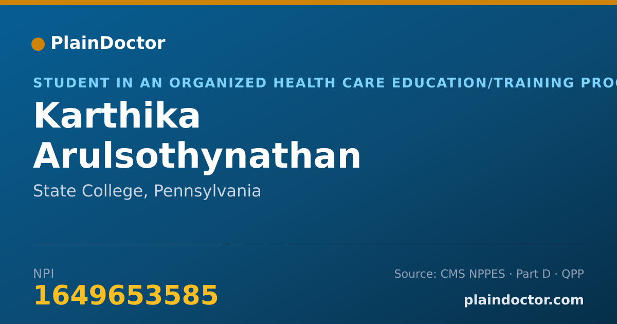 Shareable card for Karthika Arulsothynathan - Student in an Organized Health Care Education/Training Program, State College, PA