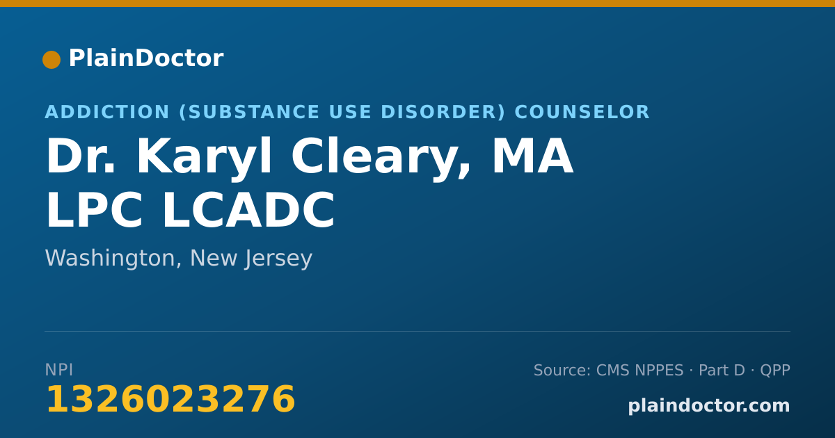 Shareable card for Karyl Cleary, MA LPC LCADC - Addiction (Substance Use Disorder) Counselor, Washington, NJ