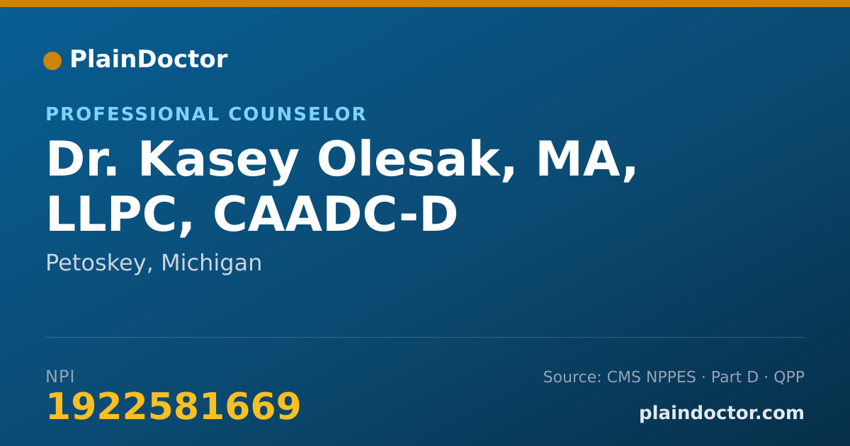 Shareable card for Kasey Olesak, MA, LLPC, CAADC-D - Professional Counselor, Petoskey, MI