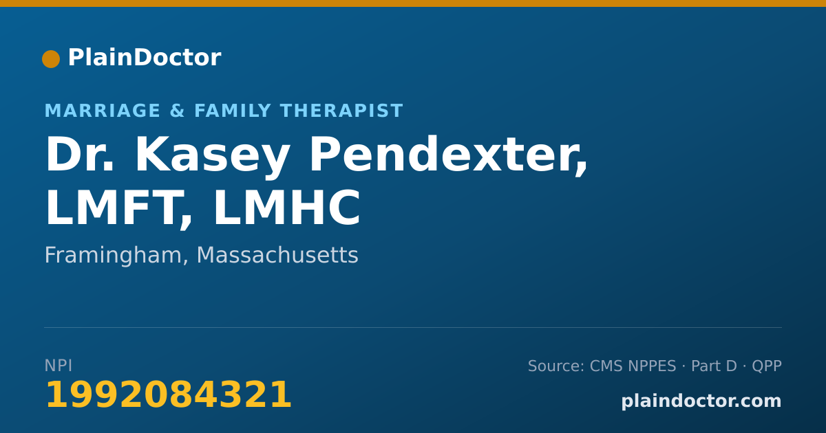 Shareable card for Kasey Pendexter, LMFT, LMHC - Marriage & Family Therapist, Framingham, MA