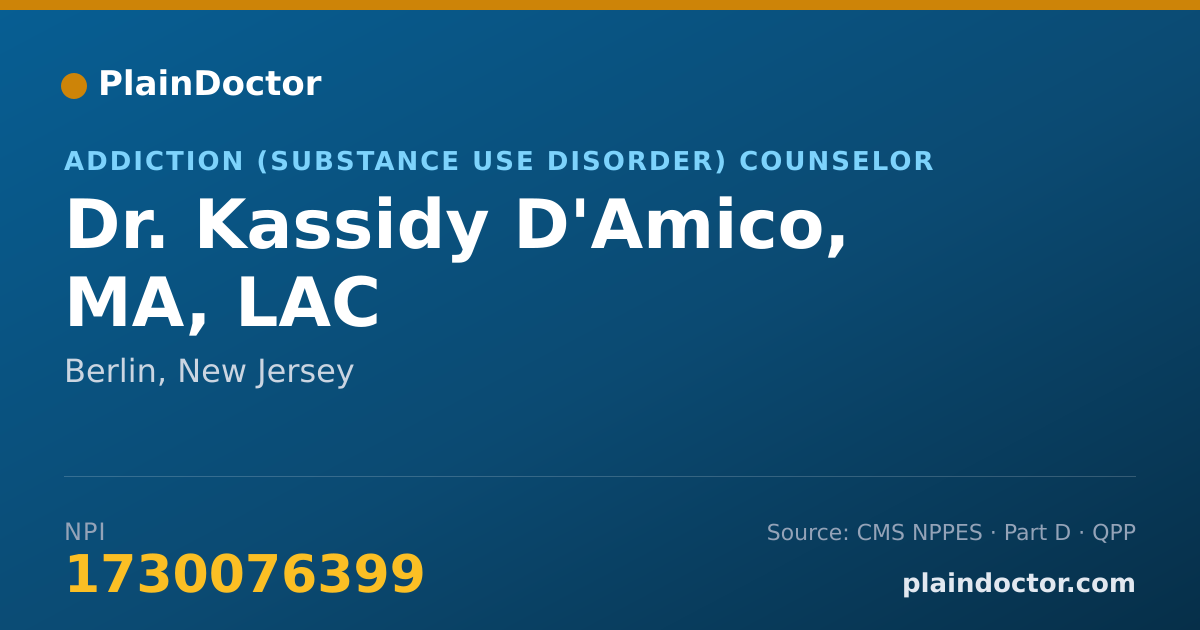Shareable card for Kassidy D'Amico, MA, LAC - Addiction (Substance Use Disorder) Counselor, Berlin, NJ