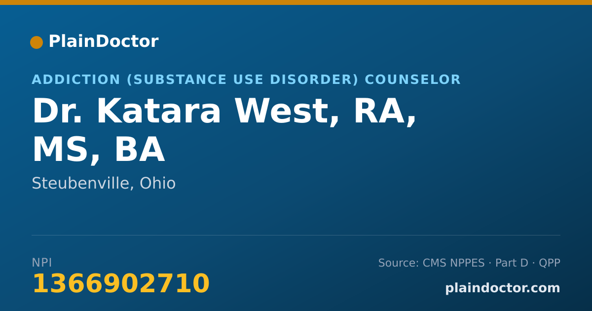 Shareable card for Katara West, RA, MS, BA - Addiction (Substance Use Disorder) Counselor, Steubenville, OH