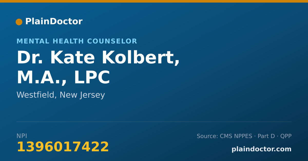 Shareable card for Kate Kolbert, M.A., LPC - Mental Health Counselor, Westfield, NJ