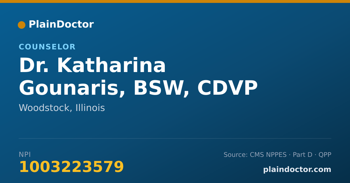 Shareable card for Katharina Gounaris, BSW, CDVP - Counselor, Woodstock, IL