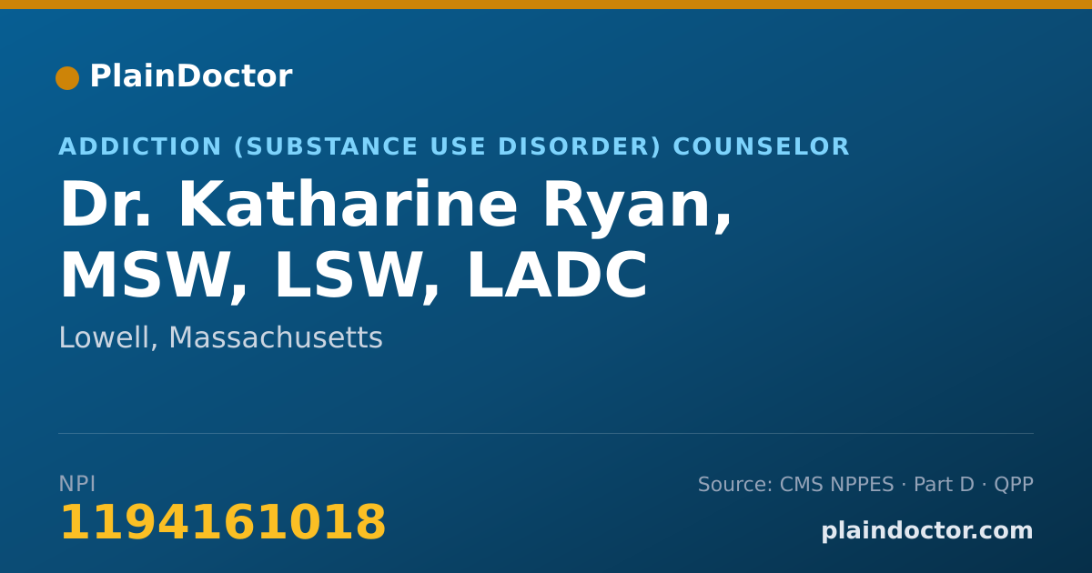 Shareable card for Katharine Ryan, MSW, LSW, LADC - Addiction (Substance Use Disorder) Counselor, Lowell, MA