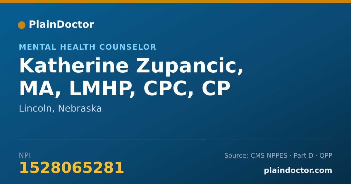 Shareable card for Katherine Zupancic, MA, LMHP, CPC, CP - Mental Health Counselor, Lincoln, NE