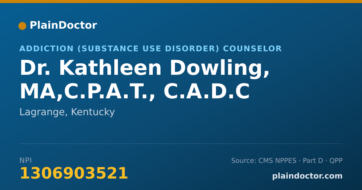 Shareable card for Kathleen Dowling, MA,C.P.A.T., C.A.D.C - Addiction (Substance Use Disorder) Counselor, Lagrange, KY