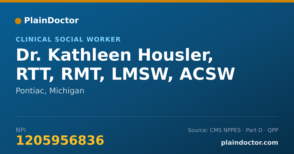 Shareable card for Kathleen Housler, RTT, RMT, LMSW, ACSW - Clinical Social Worker, Pontiac, MI