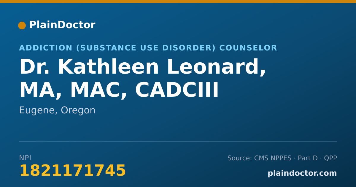 Shareable card for Kathleen Leonard, MA, MAC, CADCIII - Addiction (Substance Use Disorder) Counselor, Eugene, OR