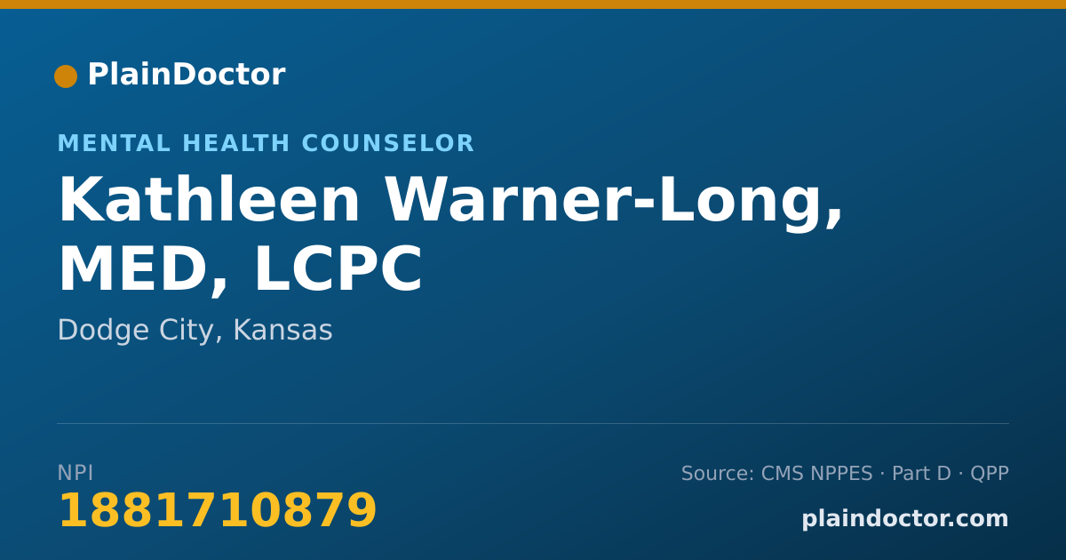 Shareable card for Kathleen Warner-Long, MED, LCPC - Mental Health Counselor, Dodge City, KS