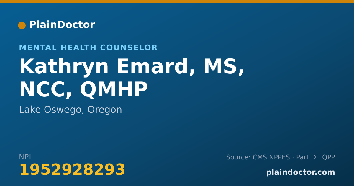 Shareable card for Kathryn Emard, MS, NCC, QMHP - Mental Health Counselor, Lake Oswego, OR