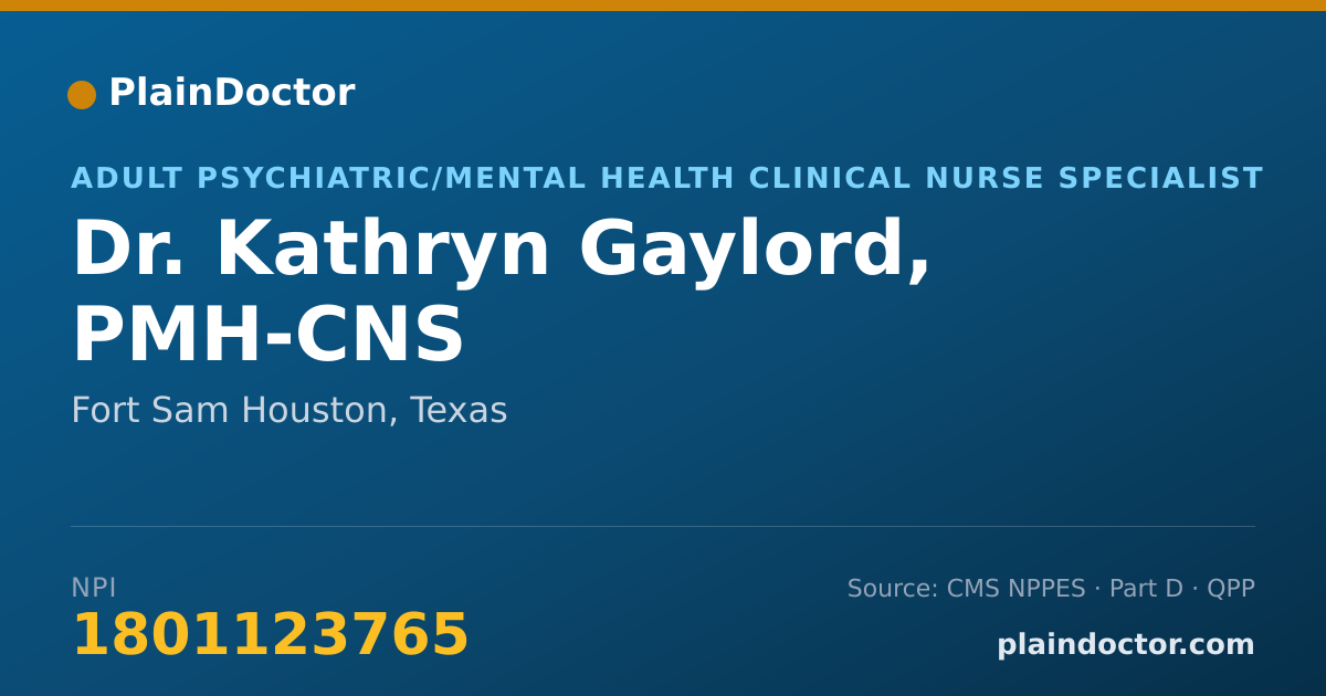 Shareable card for Kathryn Gaylord, PMH-CNS - Adult Psychiatric/Mental Health Clinical Nurse Specialist, Fort Sam Houston, TX