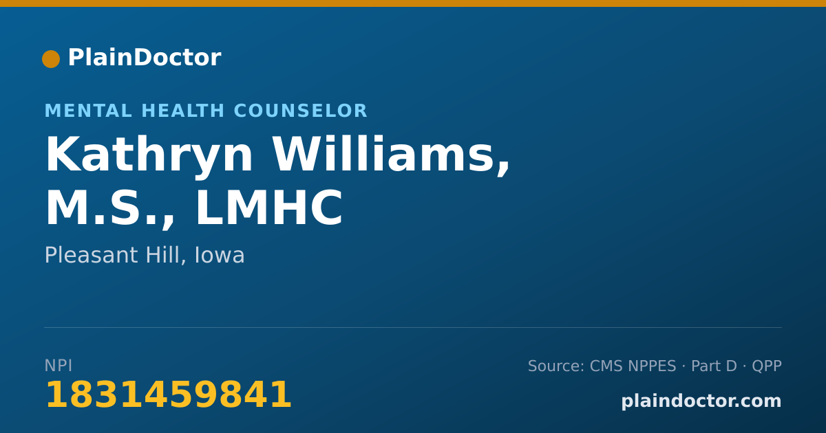 Shareable card for Kathryn Williams, M.S., LMHC - Mental Health Counselor, Pleasant Hill, IA