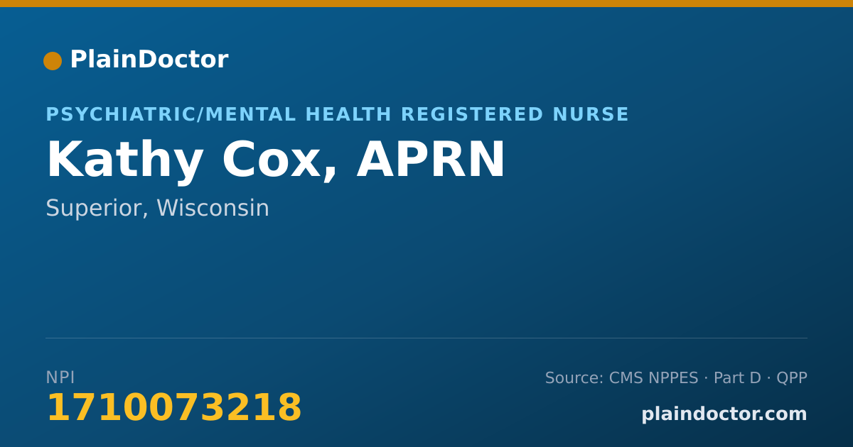 Shareable card for Kathy Cox, APRN - Psychiatric/Mental Health Registered Nurse, Superior, WI