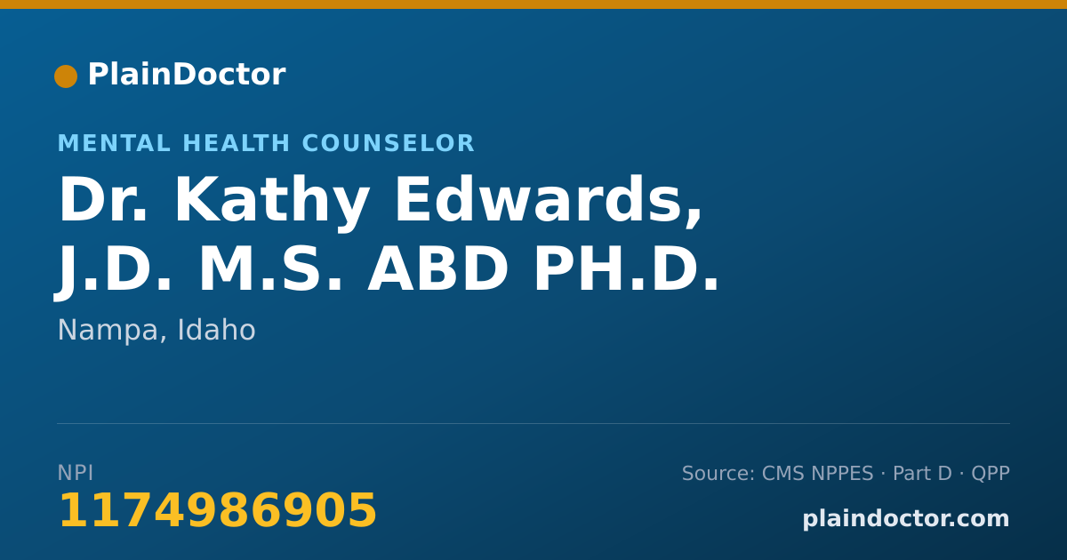 Shareable card for Kathy Edwards, J.D. M.S. ABD PH.D. - Mental Health Counselor, Nampa, ID