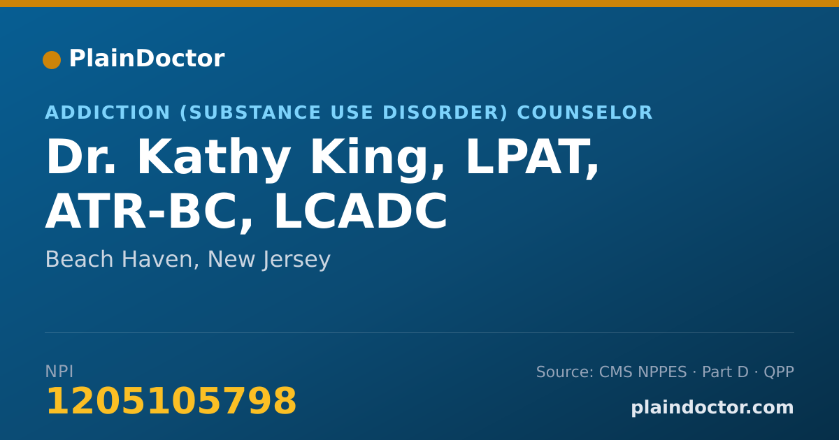 Shareable card for Kathy King, LPAT, ATR-BC, LCADC - Addiction (Substance Use Disorder) Counselor, Beach Haven, NJ