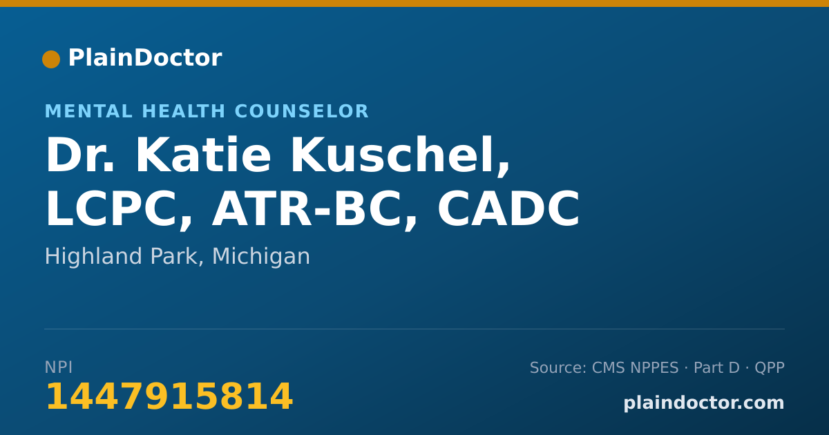 Shareable card for Katie Kuschel, LCPC, ATR-BC, CADC - Mental Health Counselor, Highland Park, MI