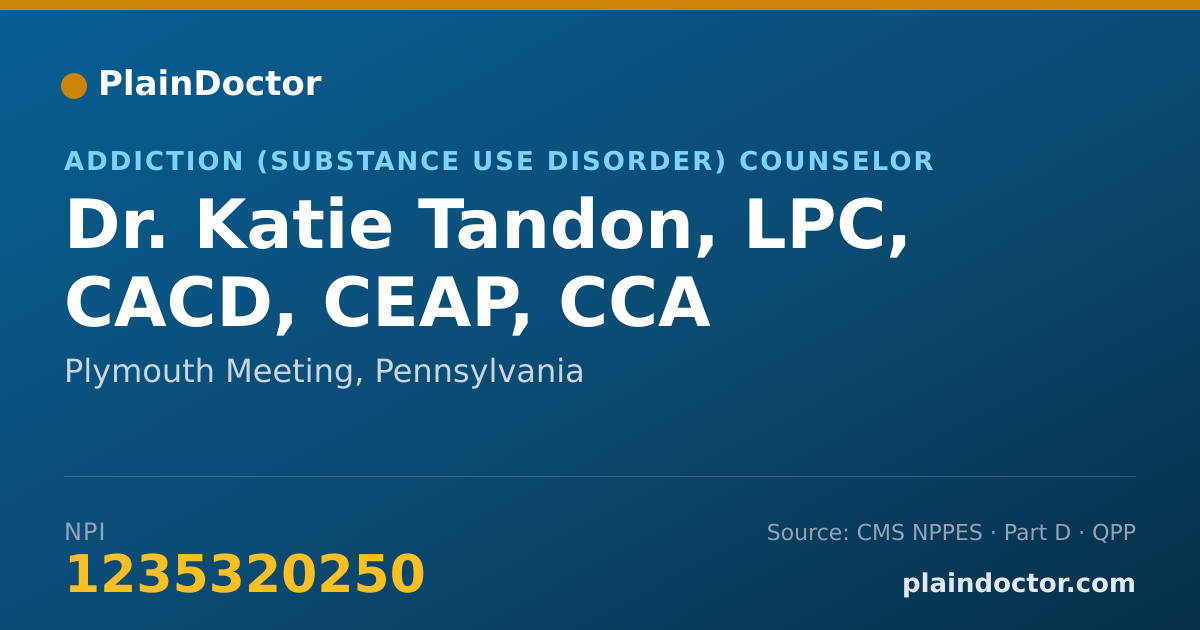 Shareable card for Katie Tandon, LPC, CACD, CEAP, CCA - Addiction (Substance Use Disorder) Counselor, Plymouth Meeting, PA