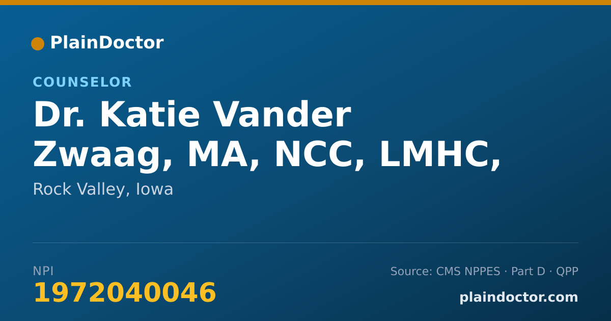 Shareable card for Katie Vander Zwaag, MA, NCC, LMHC, RPT - Counselor, Rock Valley, IA