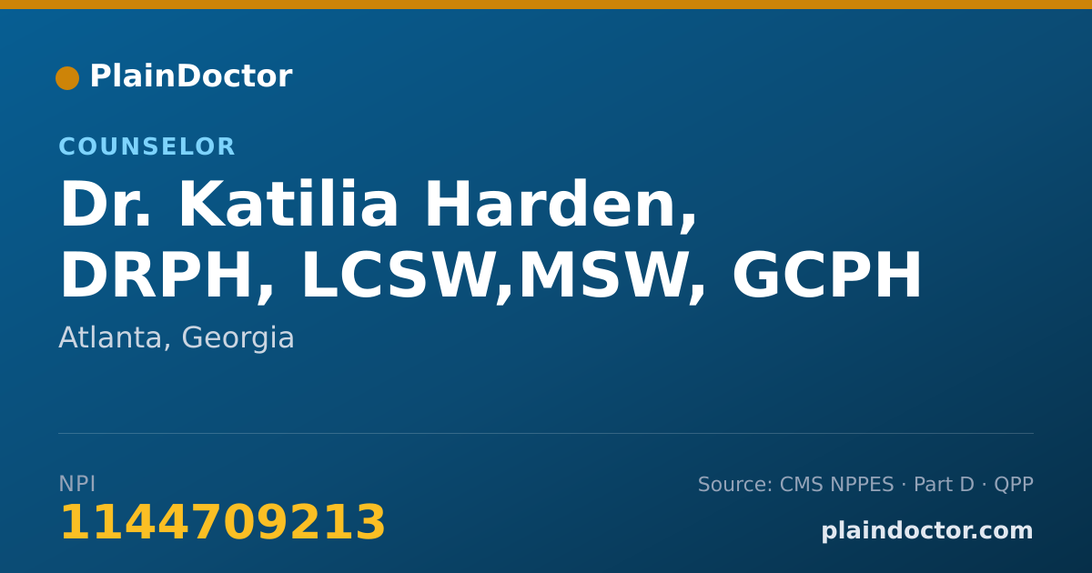 Shareable card for Katilia Harden, DRPH, LCSW,MSW, GCPH - Counselor, Atlanta, GA