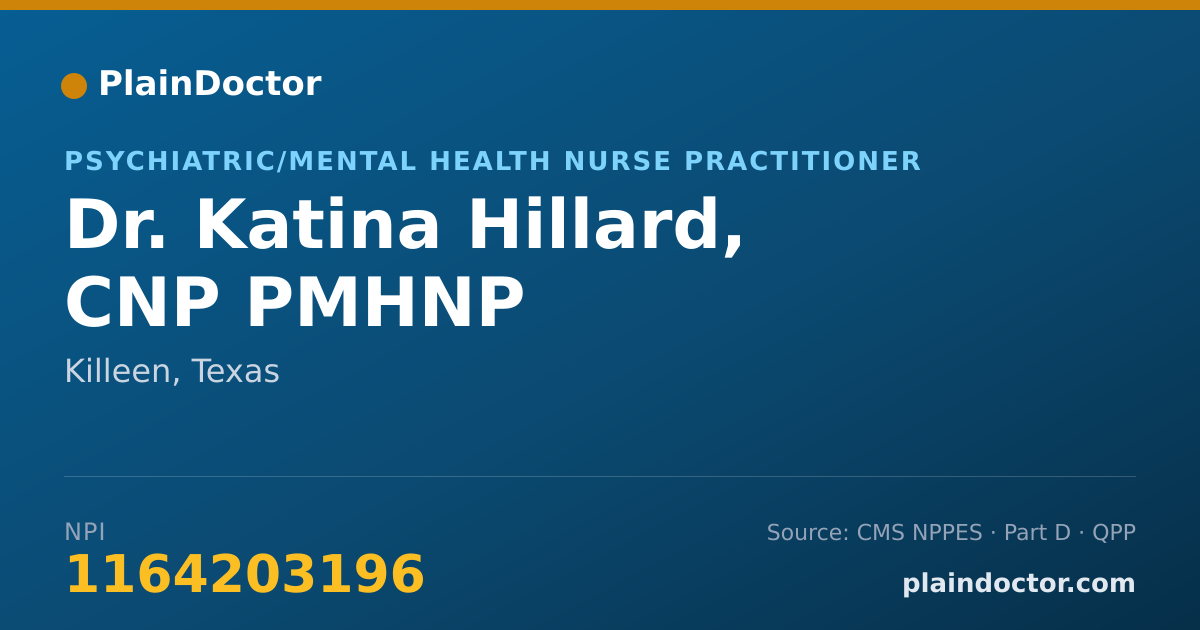 Shareable card for Katina Hillard, CNP PMHNP - Psychiatric/Mental Health Nurse Practitioner, Killeen, TX