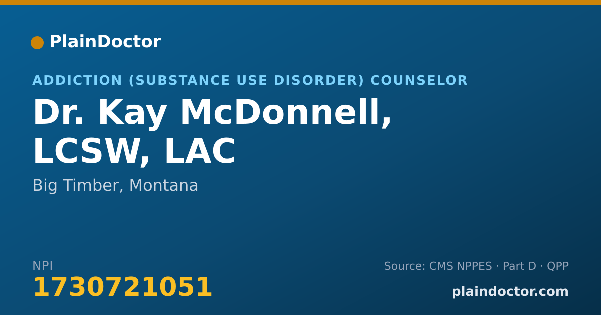 Shareable card for Kay McDonnell, LCSW, LAC - Addiction (Substance Use Disorder) Counselor, Big Timber, MT