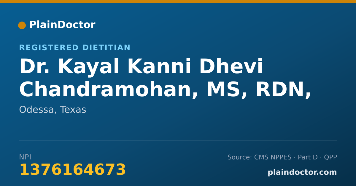 Shareable card for Kayal Kanni Dhevi Chandramohan, MS, RDN, LD - Registered Dietitian, Odessa, TX
