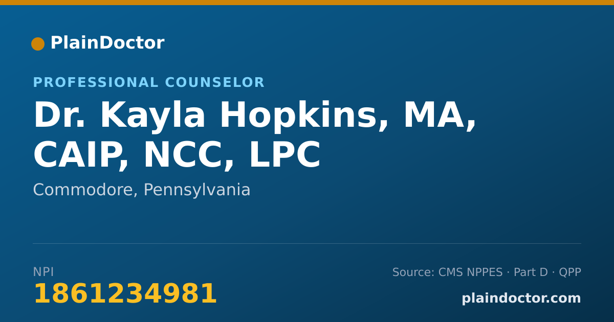 Shareable card for Kayla Hopkins, MA, CAIP, NCC, LPC - Professional Counselor, Commodore, PA