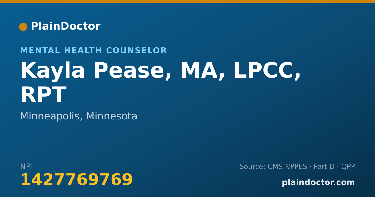 Shareable card for Kayla Pease, MA, LPCC, RPT - Mental Health Counselor, Minneapolis, MN