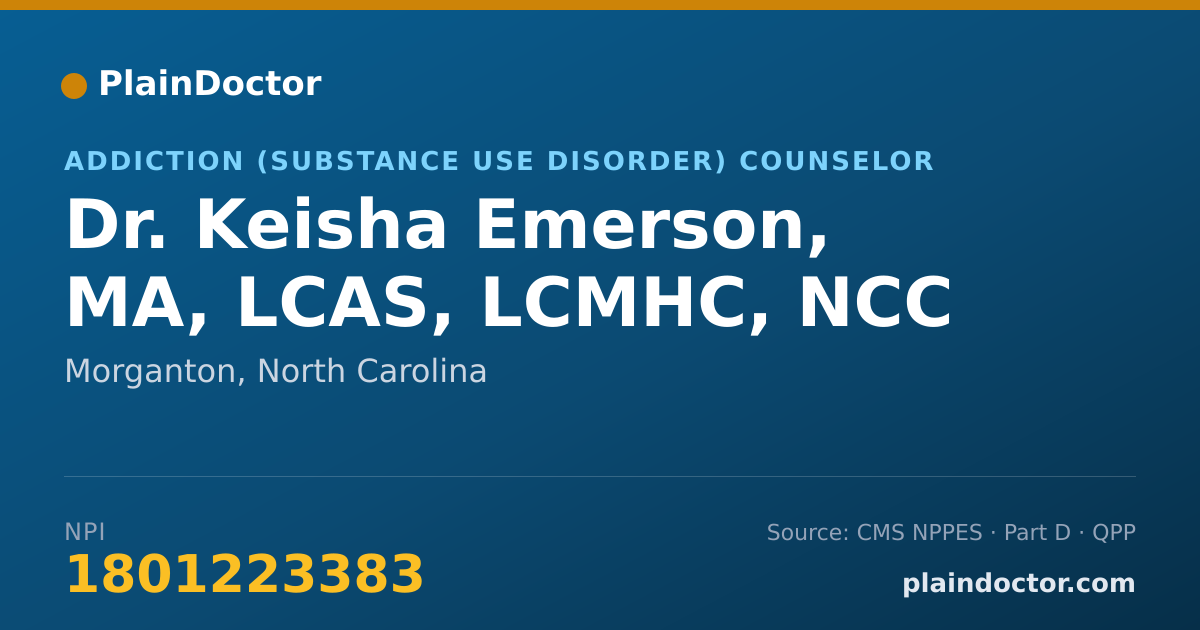 Shareable card for Keisha Emerson, MA, LCAS, LCMHC, NCC - Addiction (Substance Use Disorder) Counselor, Morganton, NC