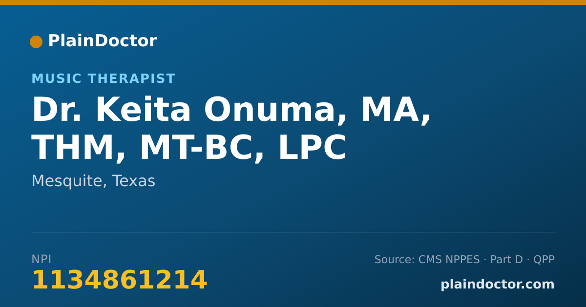 Shareable card for Keita Onuma, MA, THM, MT-BC, LPC - Music Therapist, Mesquite, TX
