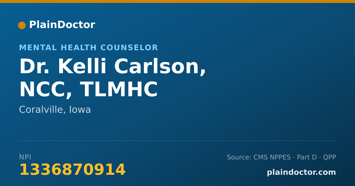 Shareable card for Kelli Carlson, NCC, TLMHC - Mental Health Counselor, Coralville, IA