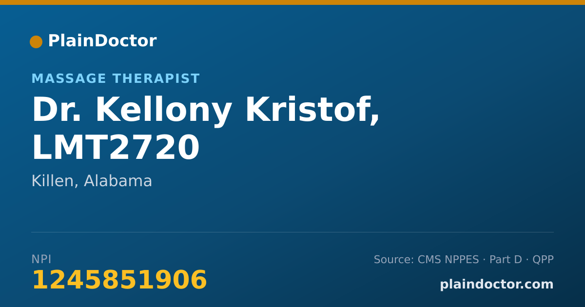 Shareable card for Kellony Kristof, LMT2720 - Massage Therapist, Killen, AL
