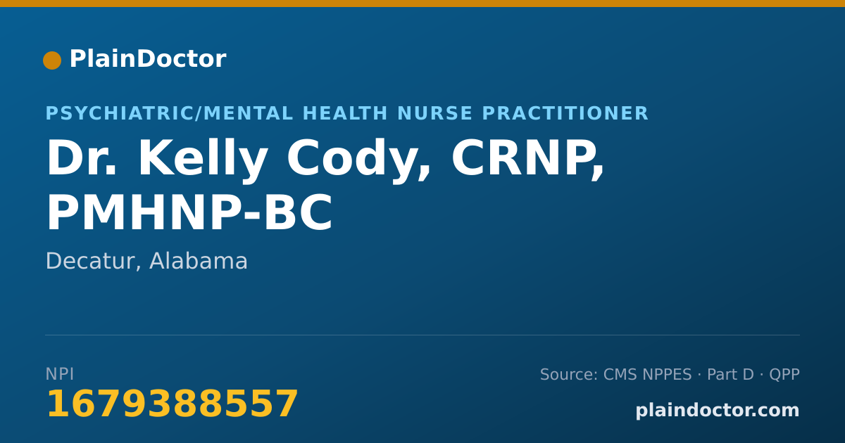 Shareable card for Kelly Cody, CRNP, PMHNP-BC - Psychiatric/Mental Health Nurse Practitioner, Decatur, AL