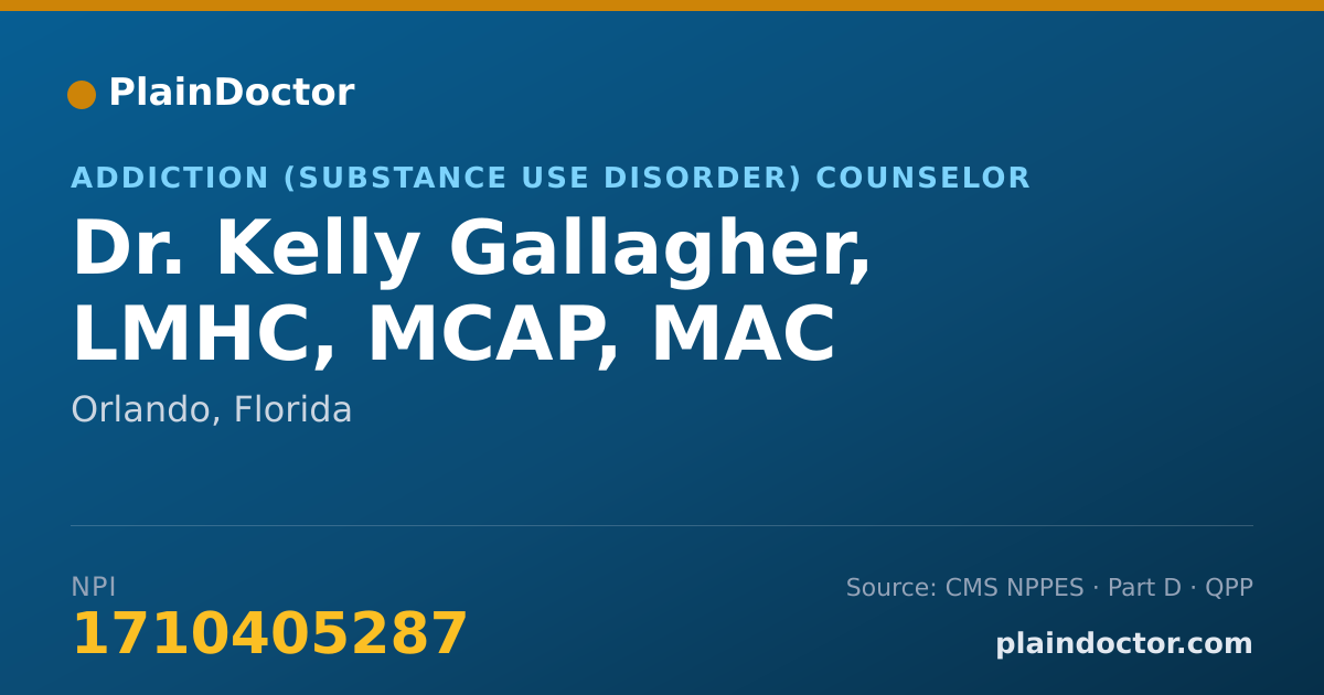 Shareable card for Kelly Gallagher, LMHC, MCAP, MAC - Addiction (Substance Use Disorder) Counselor, Orlando, FL