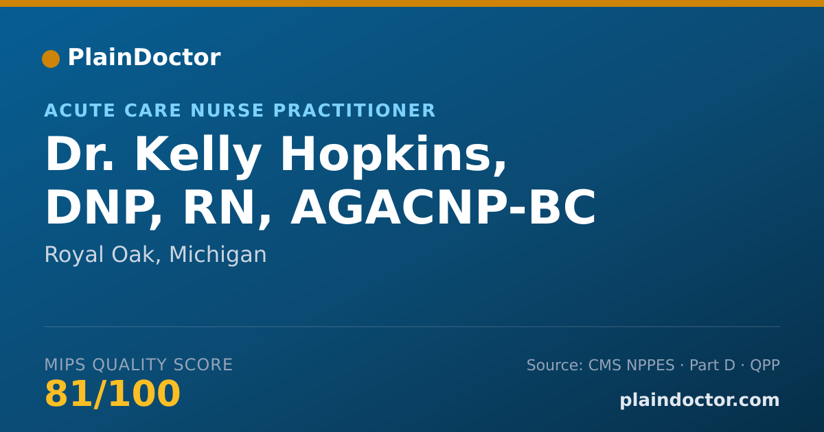 Shareable card for Kelly Hopkins, DNP, RN, AGACNP-BC - Acute Care Nurse Practitioner, Royal Oak, MI