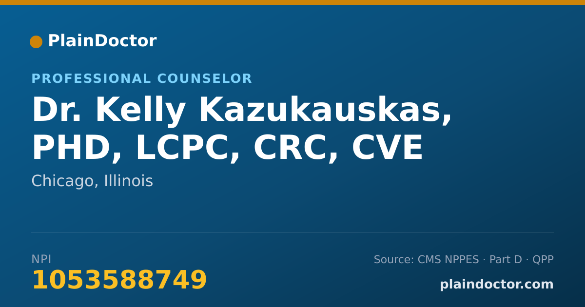 Shareable card for Kelly Kazukauskas, PHD, LCPC, CRC, CVE - Professional Counselor, Chicago, IL