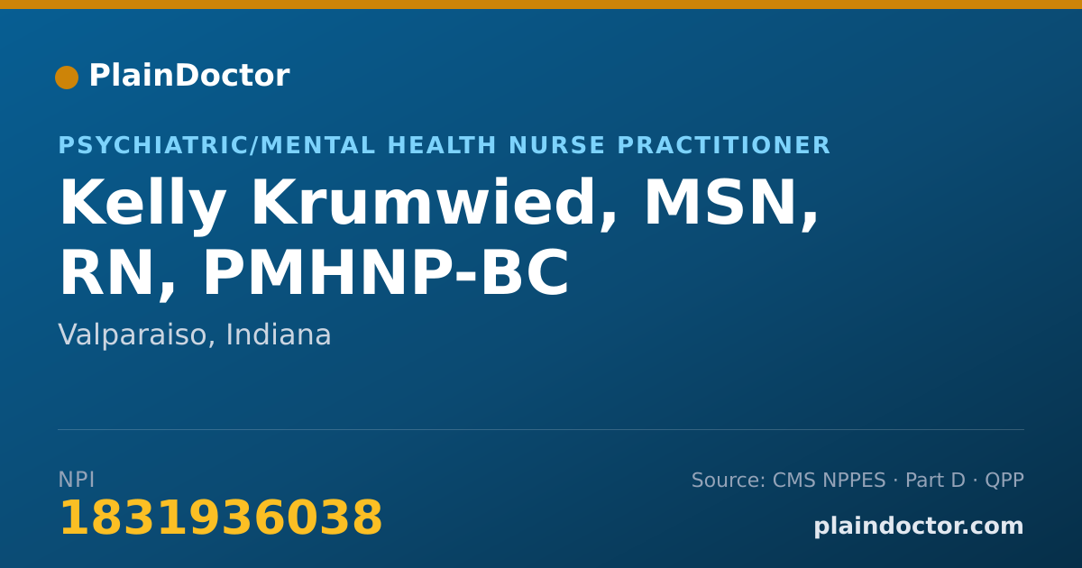 Shareable card for Kelly Krumwied, MSN, RN, PMHNP-BC - Psychiatric/Mental Health Nurse Practitioner, Valparaiso, IN