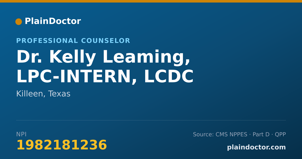 Shareable card for Kelly Leaming, LPC-INTERN, LCDC - Professional Counselor, Killeen, TX