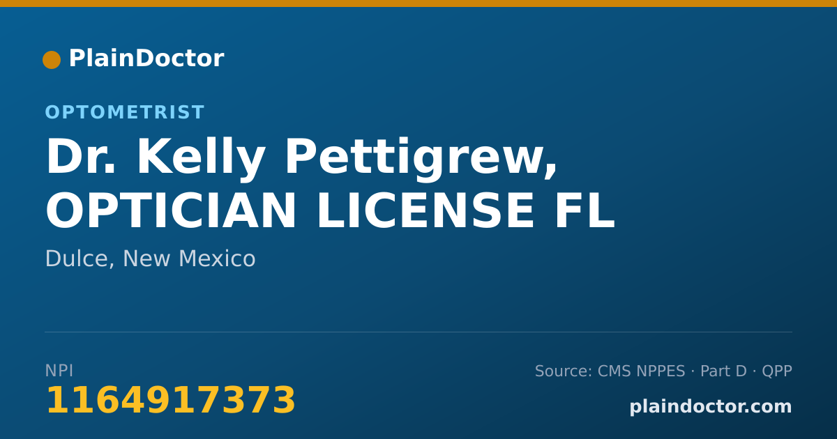 Shareable card for Kelly Pettigrew, OPTICIAN LICENSE FL - Optometrist, Dulce, NM