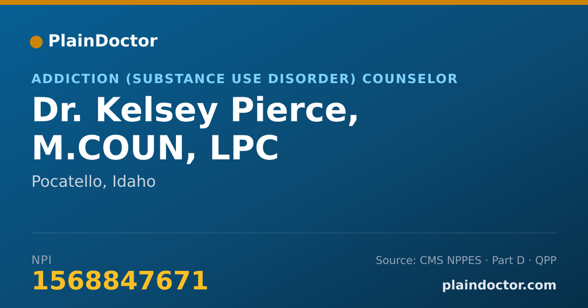 Shareable card for Kelsey Pierce, M.COUN, LPC - Addiction (Substance Use Disorder) Counselor, Pocatello, ID
